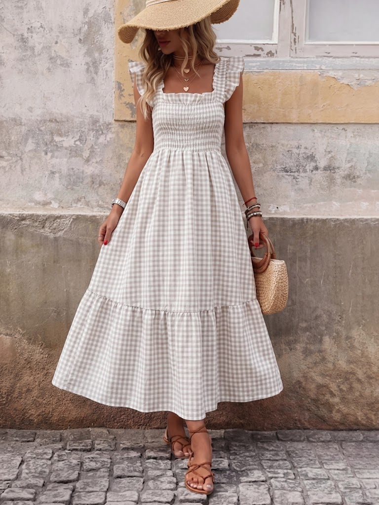 Retro Smocked Plaid Maxi Dress with Pockets
