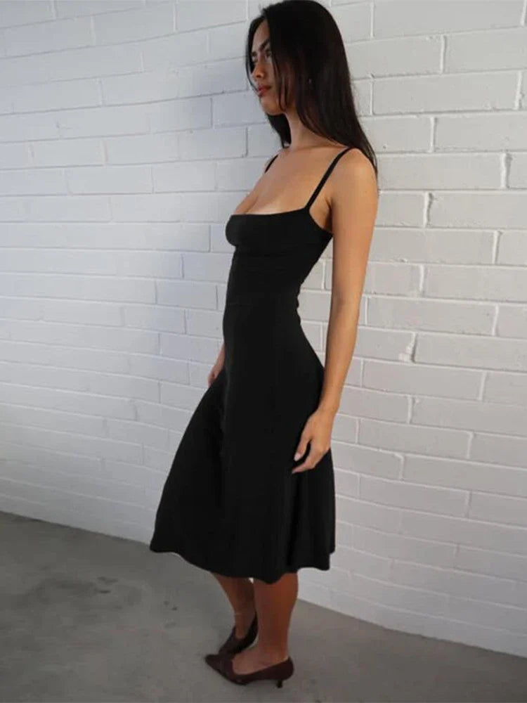 Women's Square-Neck Backless Bodycon Midi Slip Dress with Spaghetti Straps
