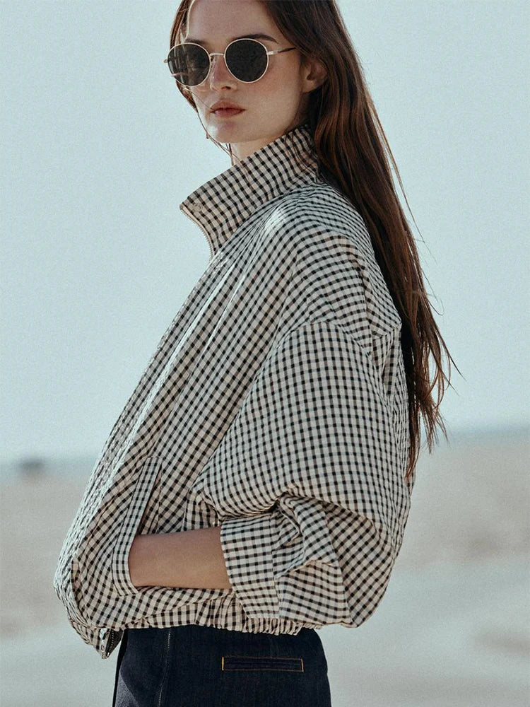 Gingham Cropped Zip-Up Jacket