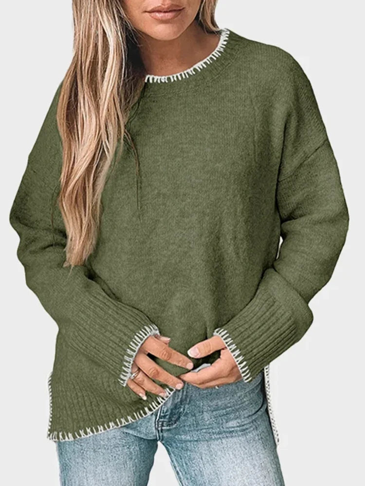 Womens Crewneck Pullover Sweater Long Sleeve Knit Slit