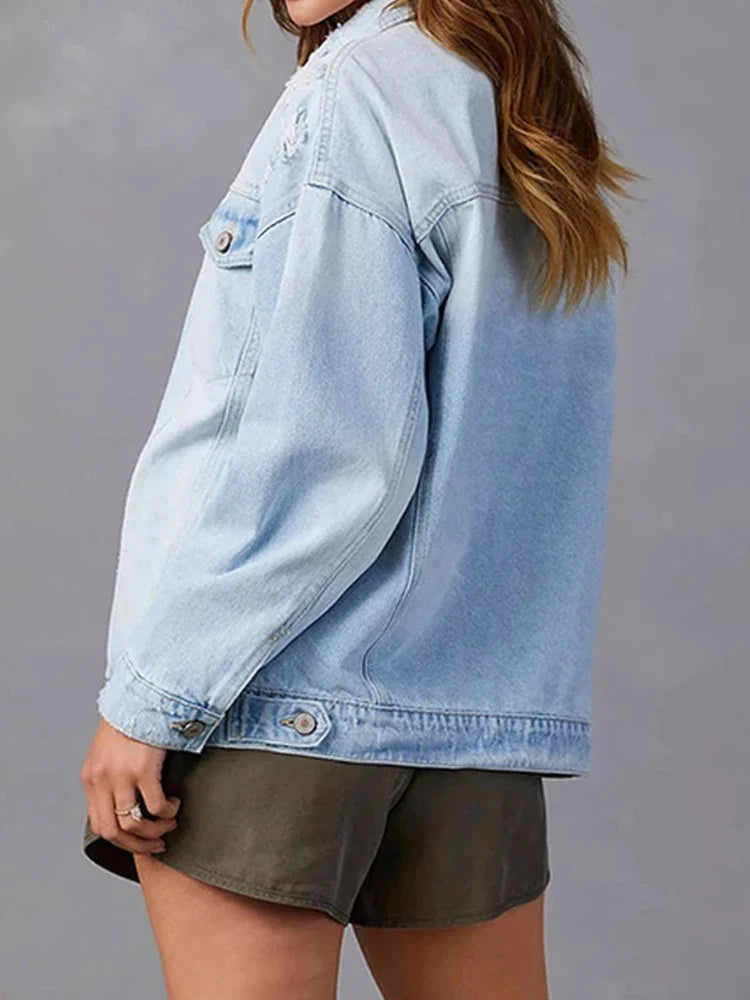 Womens Jean Jacket Casual Long Sleeve Button Down Denim Jacket Fall Coat