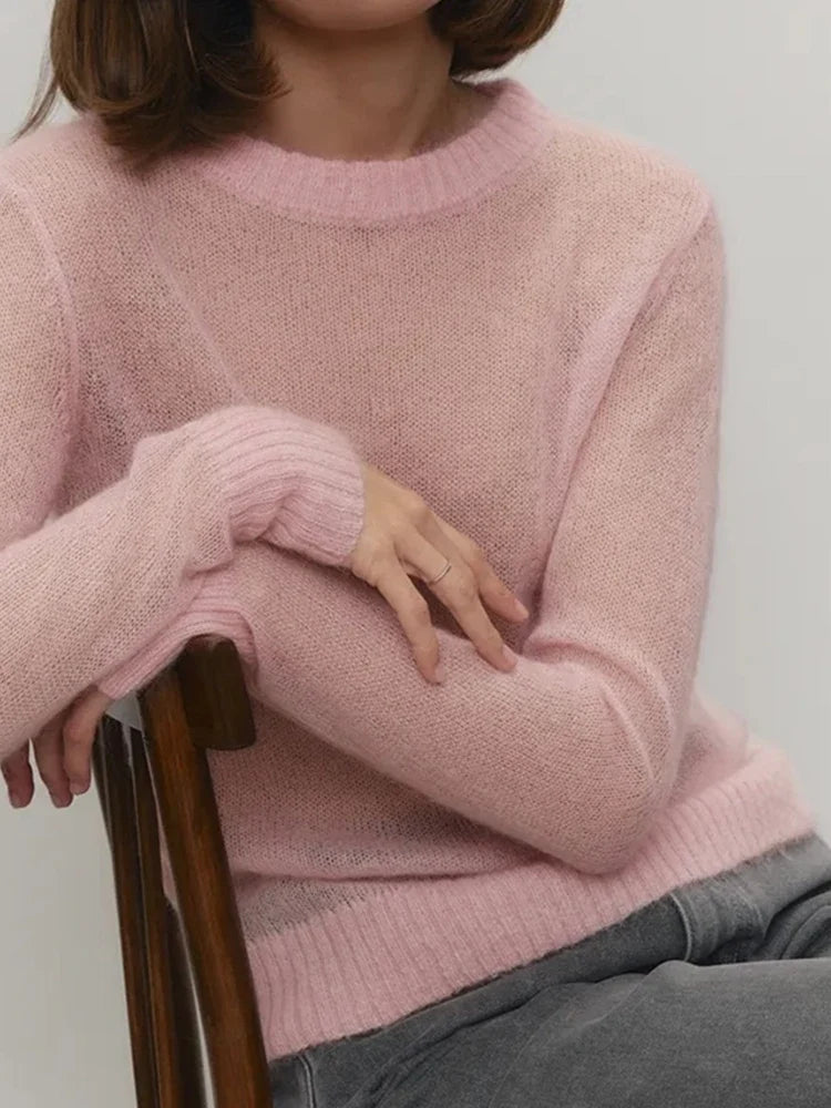 women's Lightweight Knitted Mohair Sweater Boat Neck Sheer