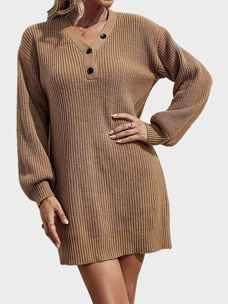 Womens V Neck Mini Sweater Dress Long Lantern Sleeve Pullover Sweaters