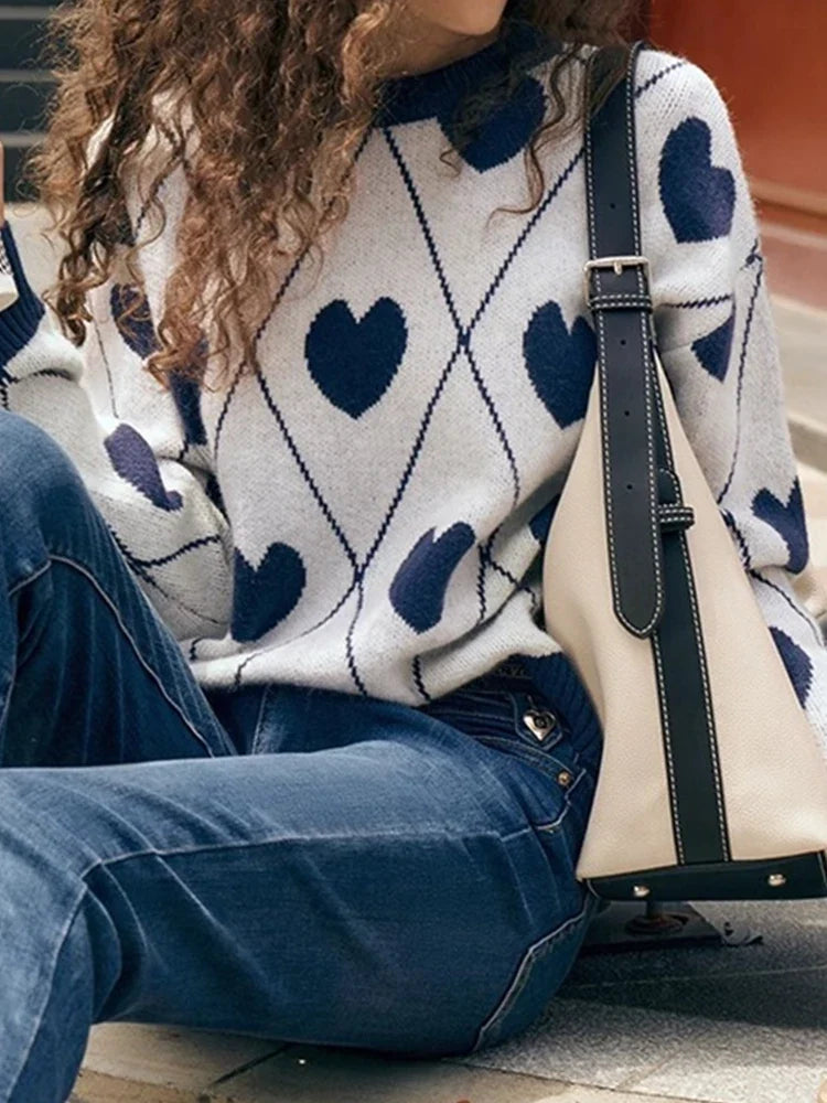 Women's Cute Heart Jacquard Round Neck Cropped Sweater