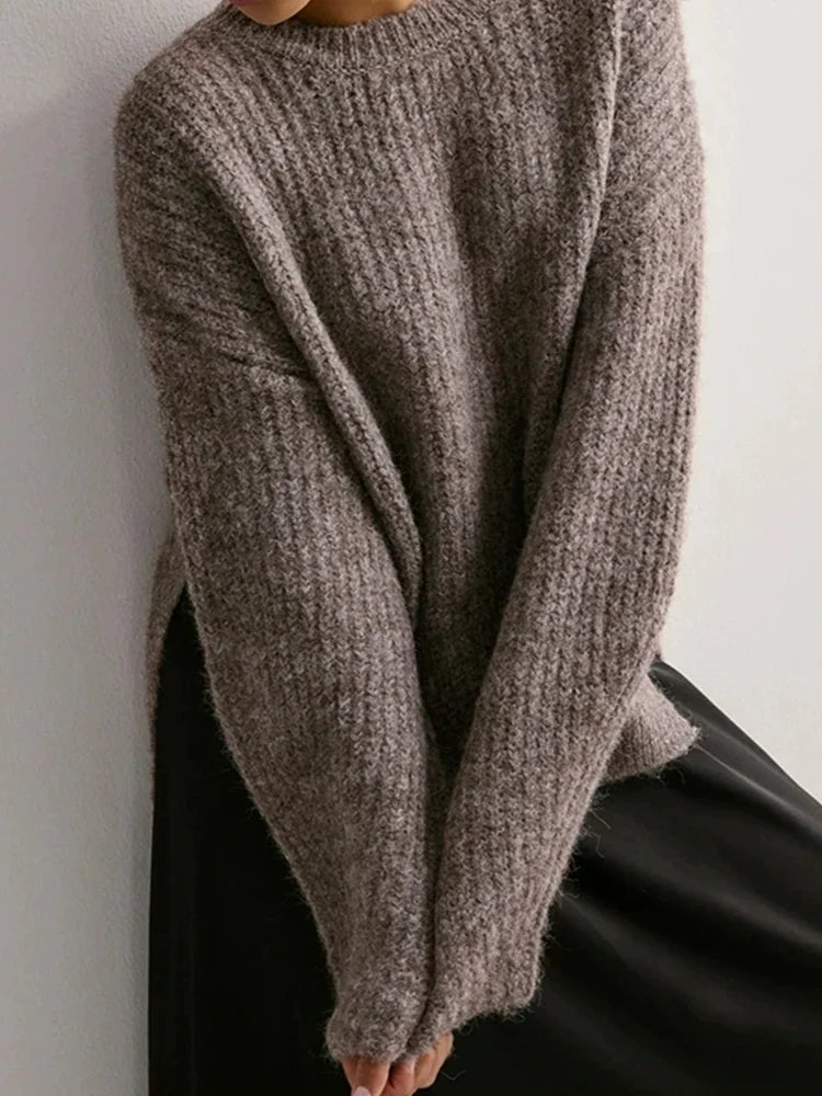Women's Crew Neck Knitted Hem Loose-Fit Long-Sleeve Sweater
