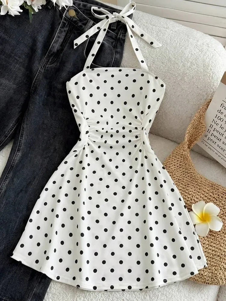 Women's Ruched Halter Neck Tie Back A Line Summer Dress