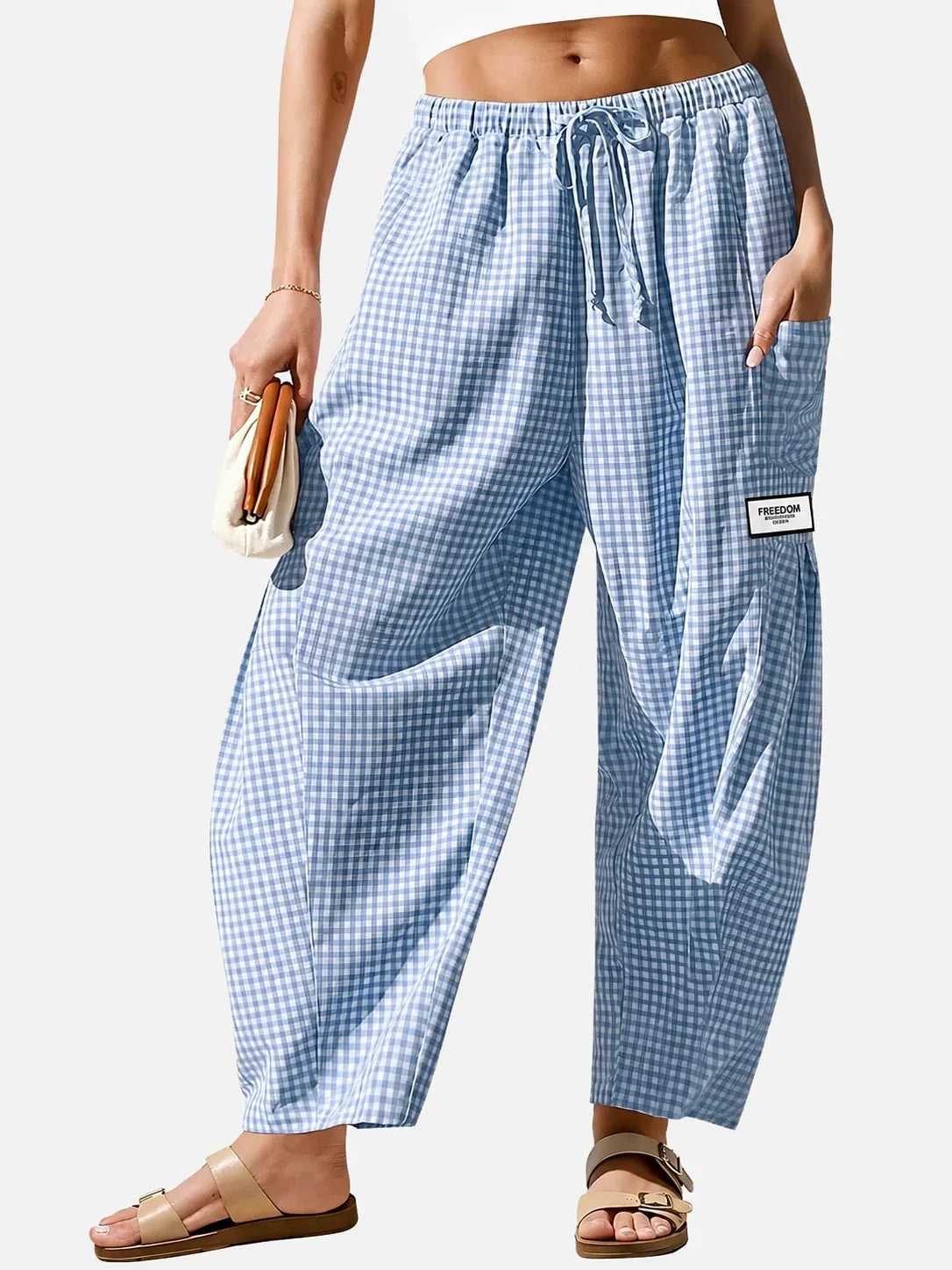Women's Casual Loose Fit Gingham Wide Leg Pants