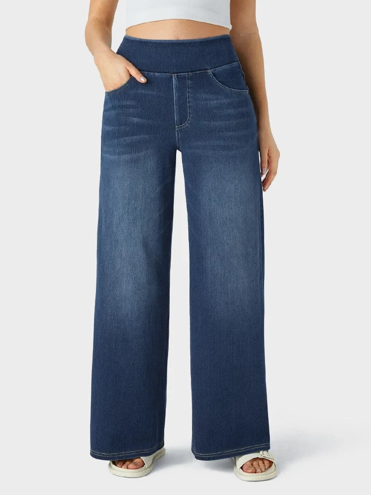 High Waisted Pockets Baggy Wide Leg Washed Casual Jeans