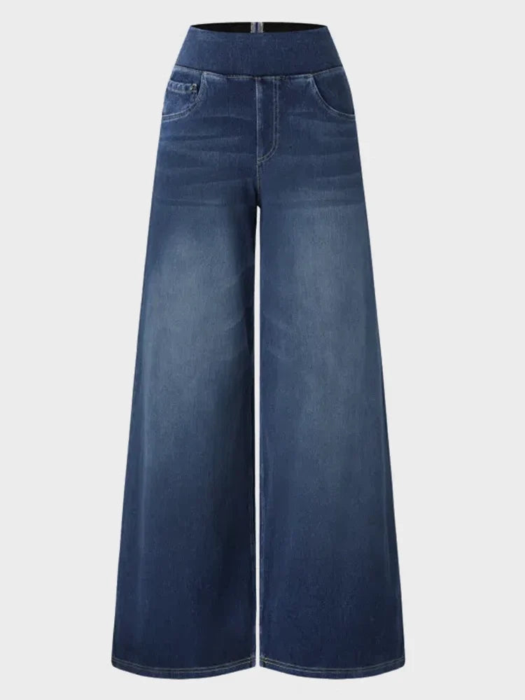 High Waisted Pockets Baggy Wide Leg Washed Casual Jeans