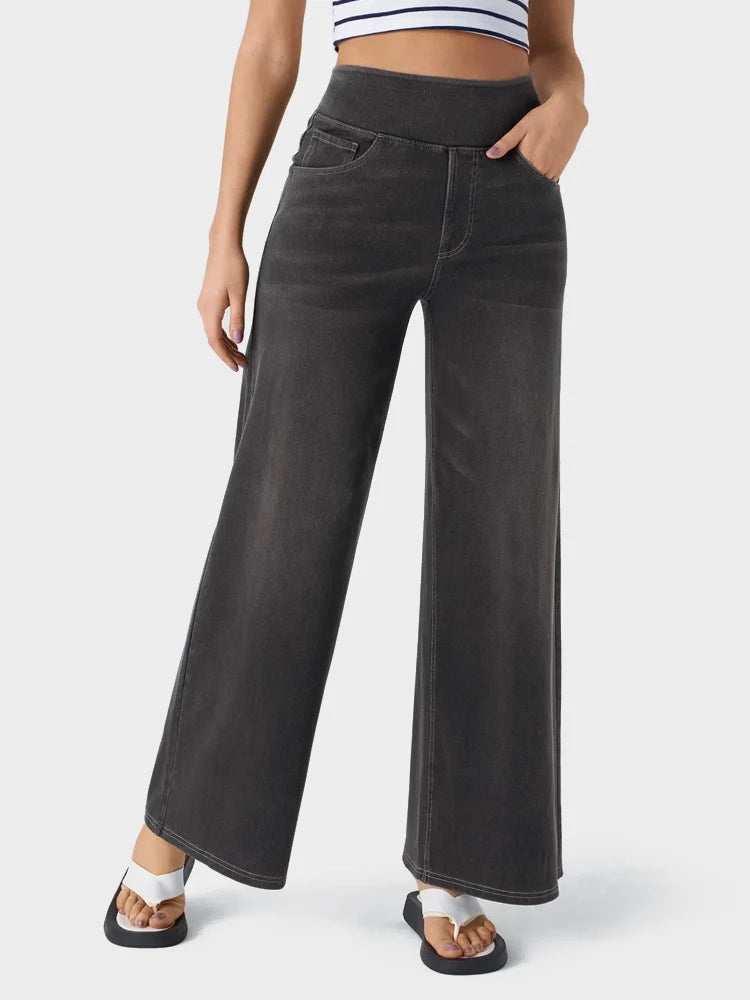 High Waisted Pockets Baggy Wide Leg Washed Casual Jeans