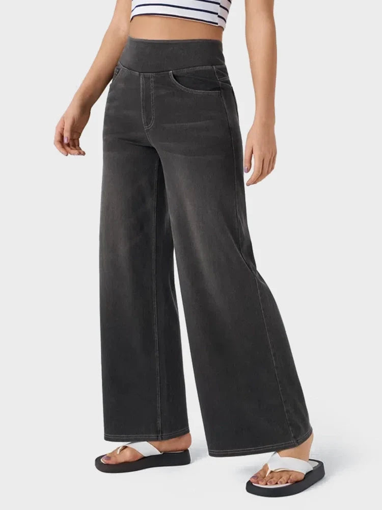 High Waisted Pockets Baggy Wide Leg Washed Casual Jeans