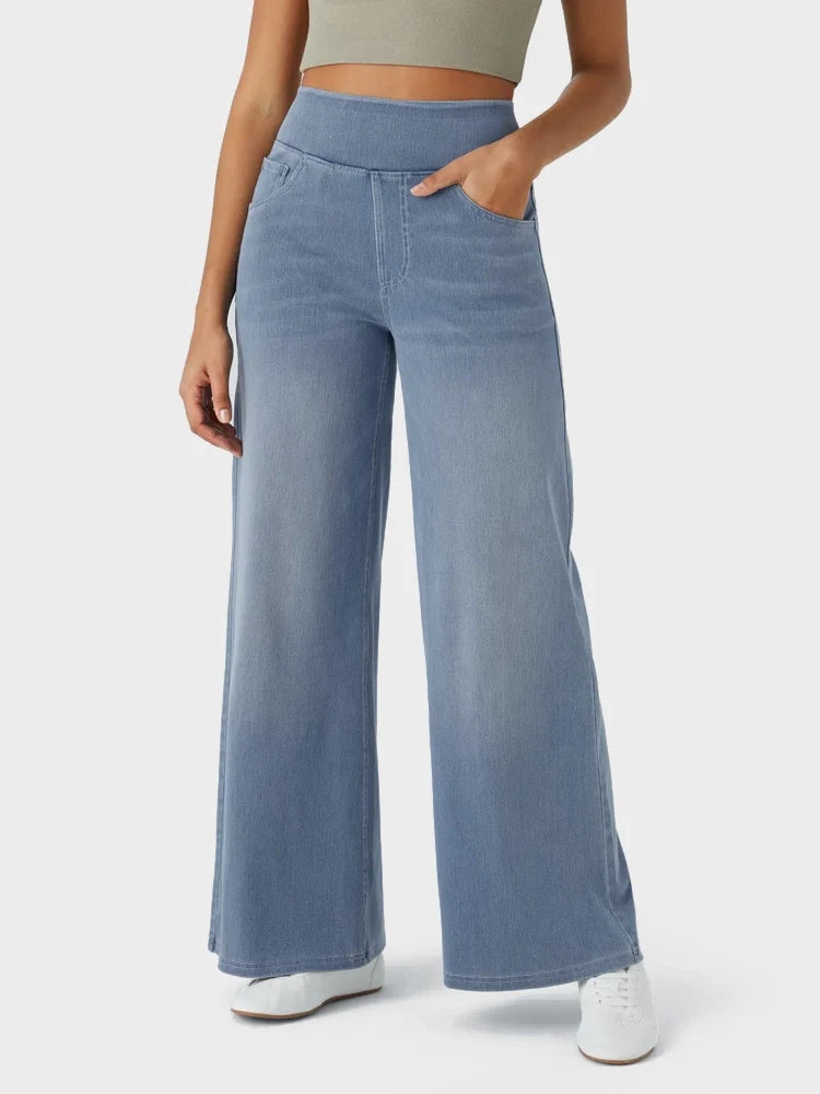 High Waisted Pockets Baggy Wide Leg Washed Casual Jeans
