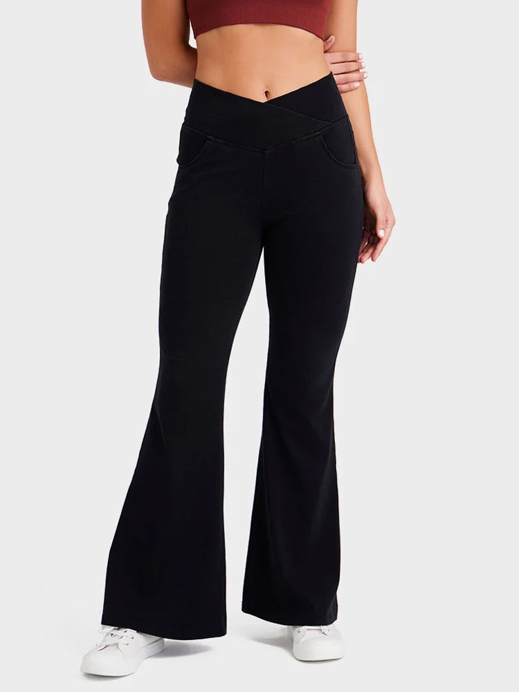 Crossover High Waisted Bell Bottom Jeans Yoga Pants Stretchy Flare Leggings With Pockets
