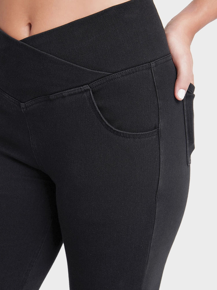 Crossover High Waisted Bell Bottom Jeans Yoga Pants Stretchy Flare Leggings With Pockets