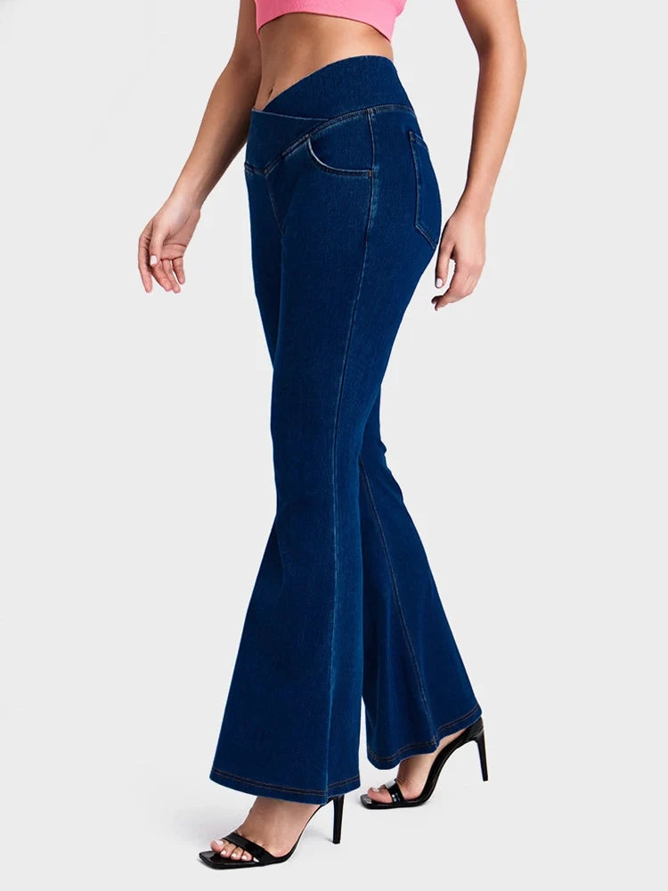 Crossover High Waisted Bell Bottom Jeans Yoga Pants Stretchy Flare Leggings With Pockets