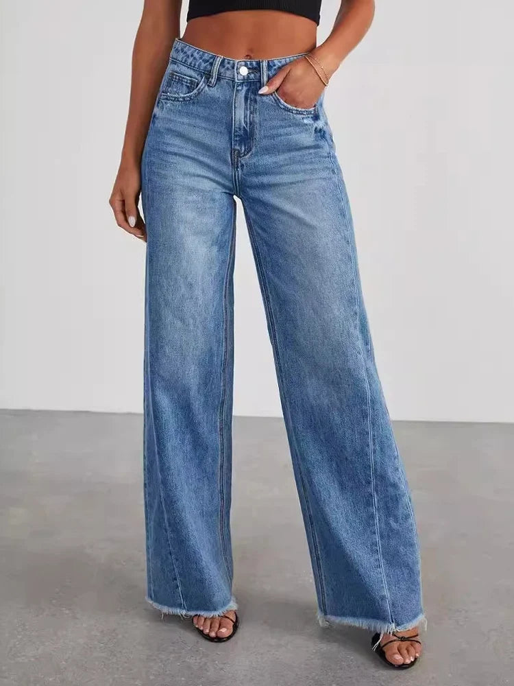 Wide Leg Side Seam Stitching Frayed Hem Jeans