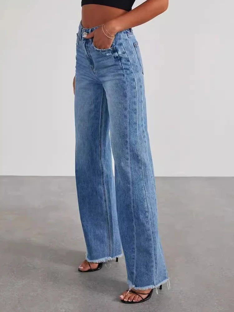 Wide Leg Side Seam Stitching Frayed Hem Jeans