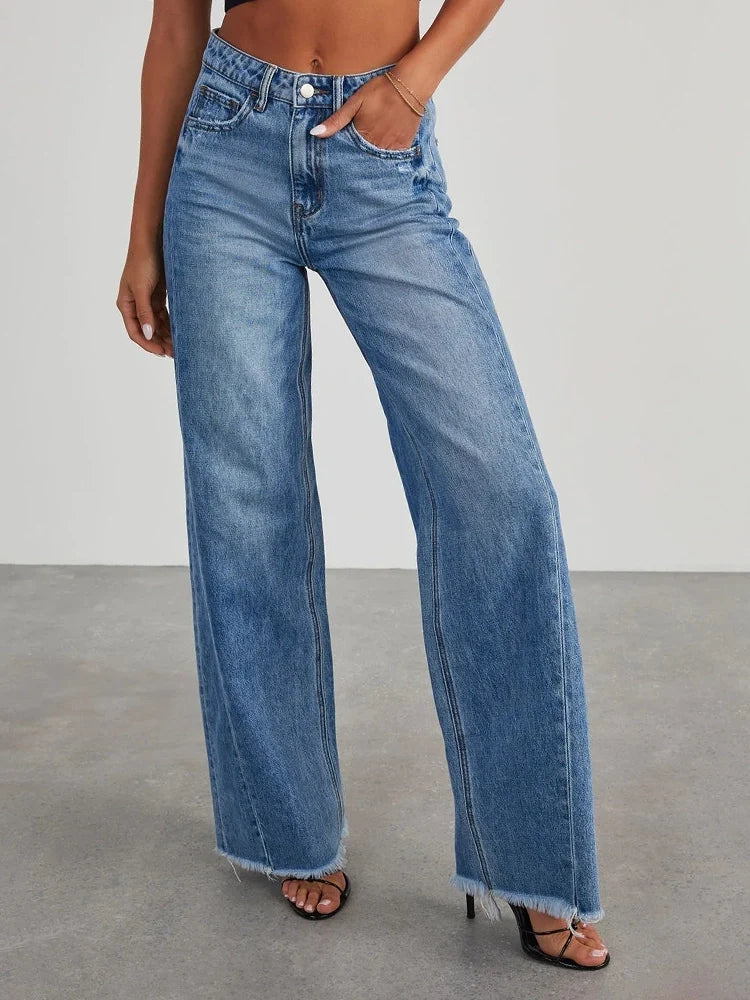 Wide Leg Side Seam Stitching Frayed Hem Jeans