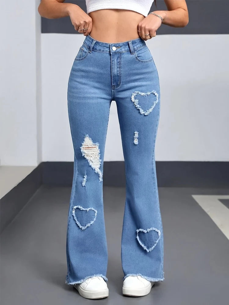 Stretchy Ripped High-Waist Flare Jeans