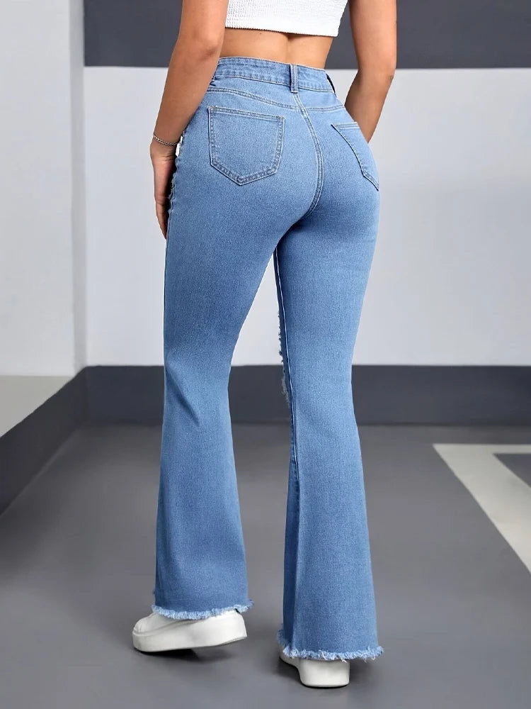 Stretchy Ripped High-Waist Flare Jeans