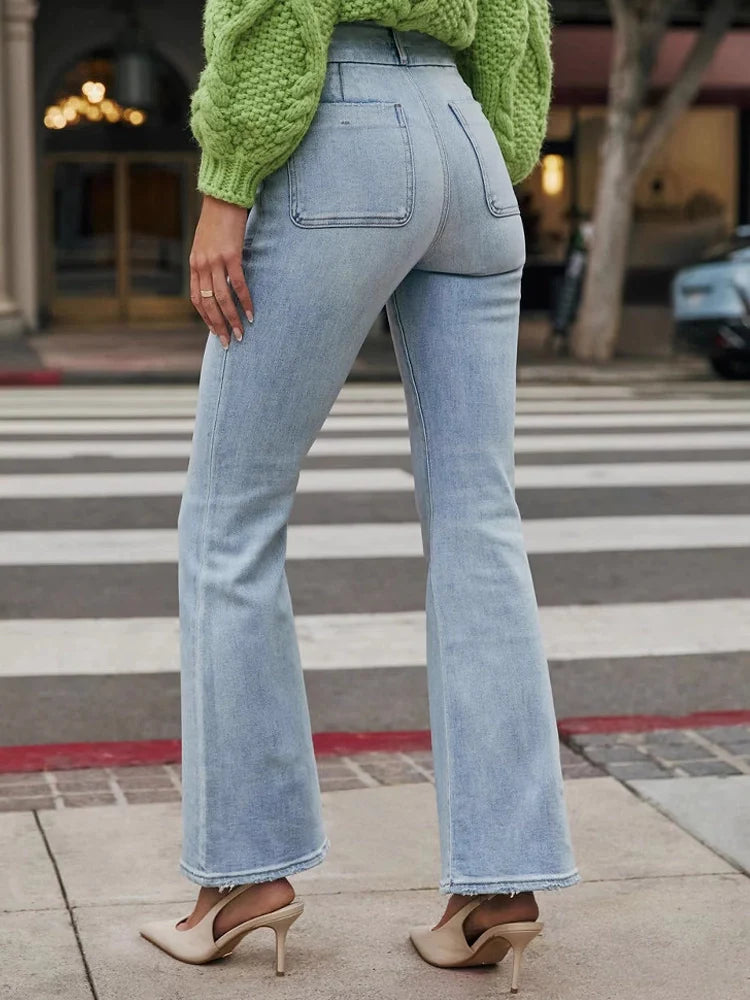 Mid-Waist Double-Button Washed Flared Jeans