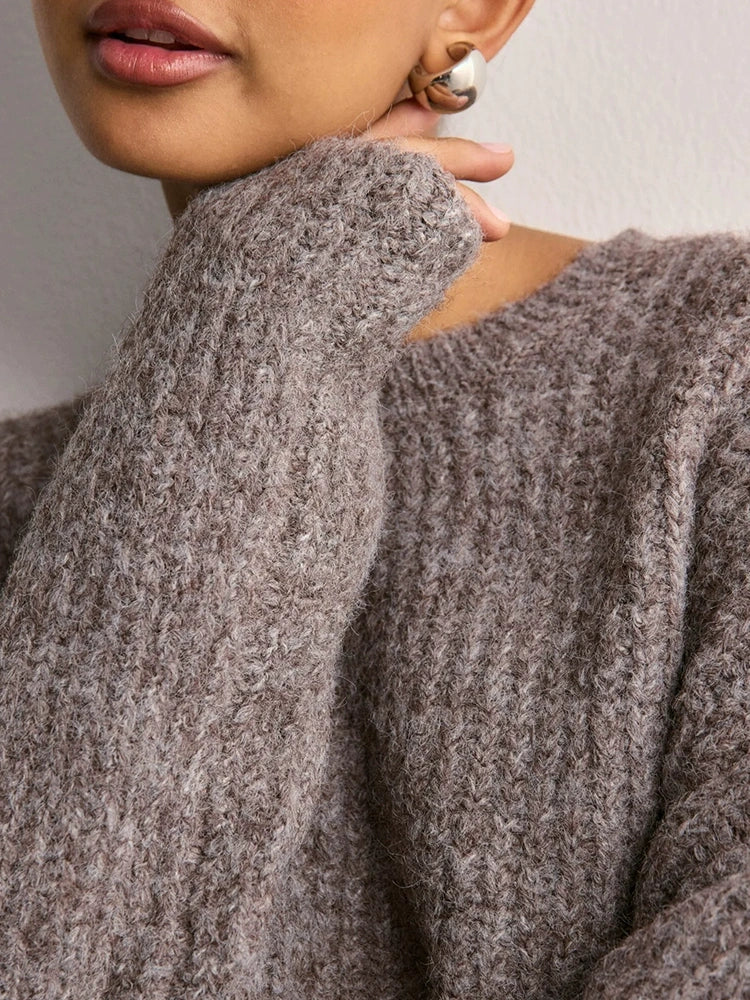 Women's Crew Neck Knitted Hem Loose-Fit Long-Sleeve Sweater