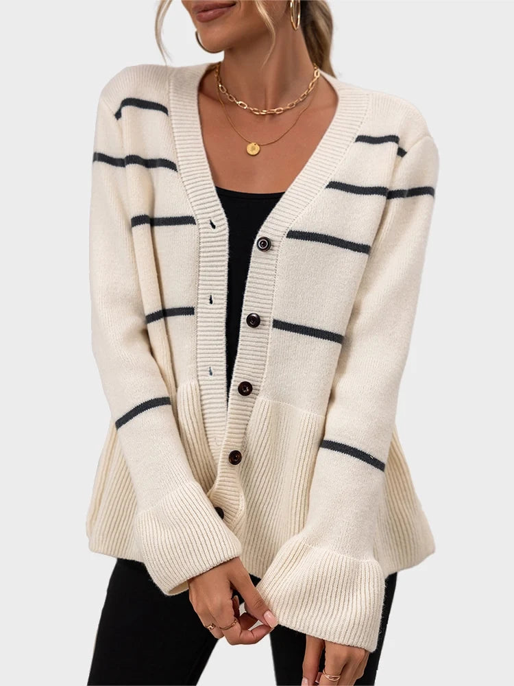 Women's V-neck striped lazy knitted long-sleeved cardigan