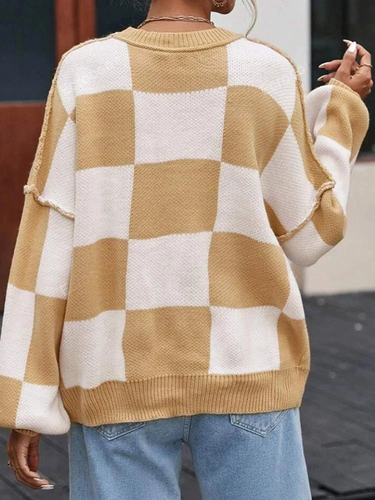 Womens Crew Neck Long Sleeve Plaid Ribbed Knit Loose Pullover Sweater  Tops