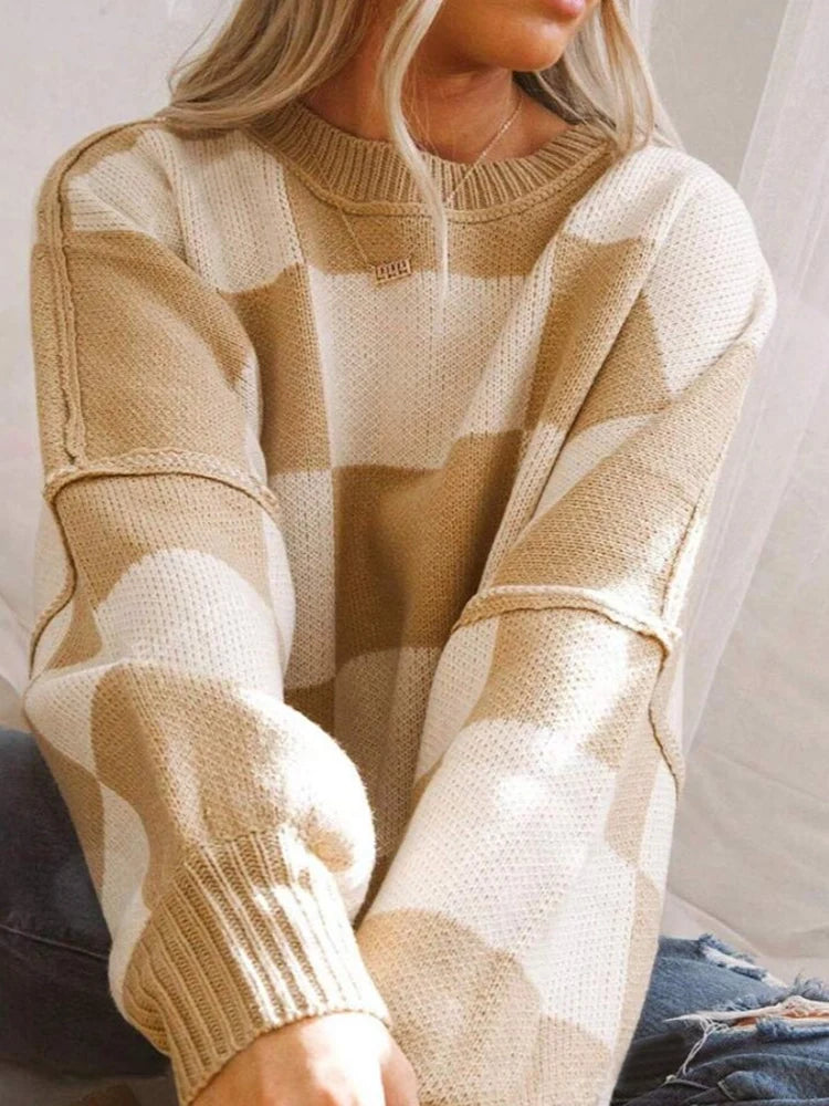 Womens Crew Neck Long Sleeve Plaid Ribbed Knit Loose Pullover Sweater  Tops