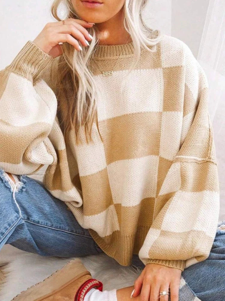 Womens Crew Neck Long Sleeve Plaid Ribbed Knit Loose Pullover Sweater  Tops
