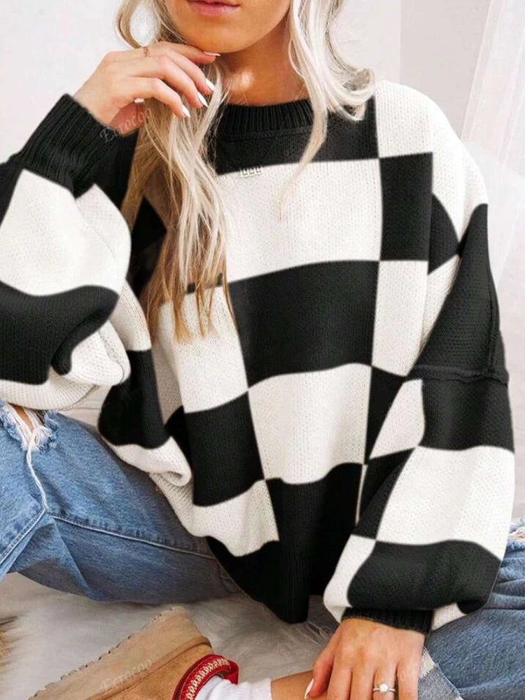 Womens Crew Neck Long Sleeve Plaid Ribbed Knit Loose Pullover Sweater  Tops