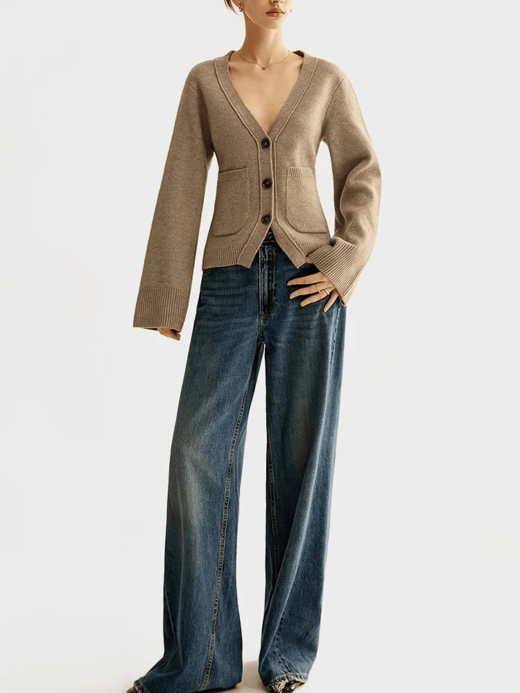 Women's Deep V Neck Cardigan Sweaters Cropped Knit Coats with Pockets