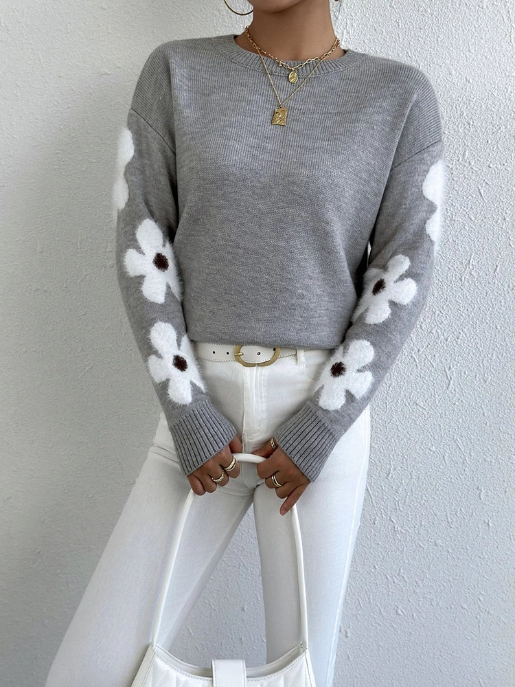 Women's Floral Crew Neck Long Sleeve Casual Loose Sweater Knit