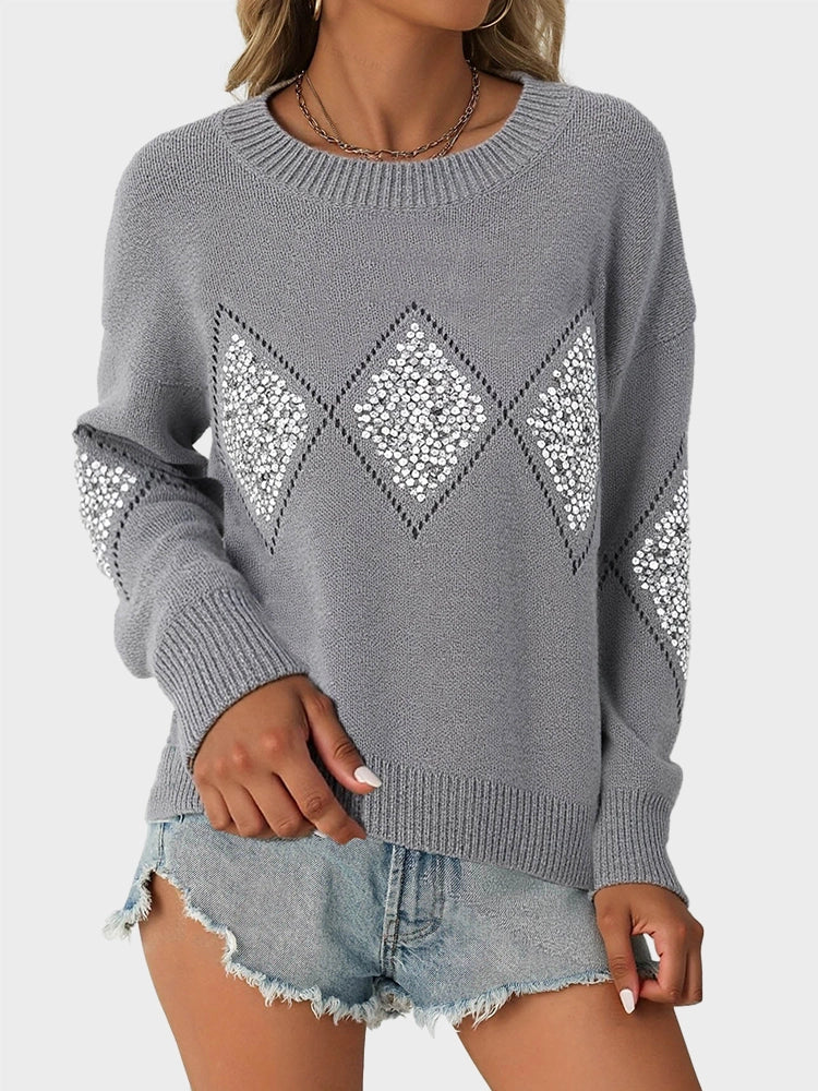 Womens Crew Neck Hollow Out Knit Sweaters  Sequin Pullover Tops