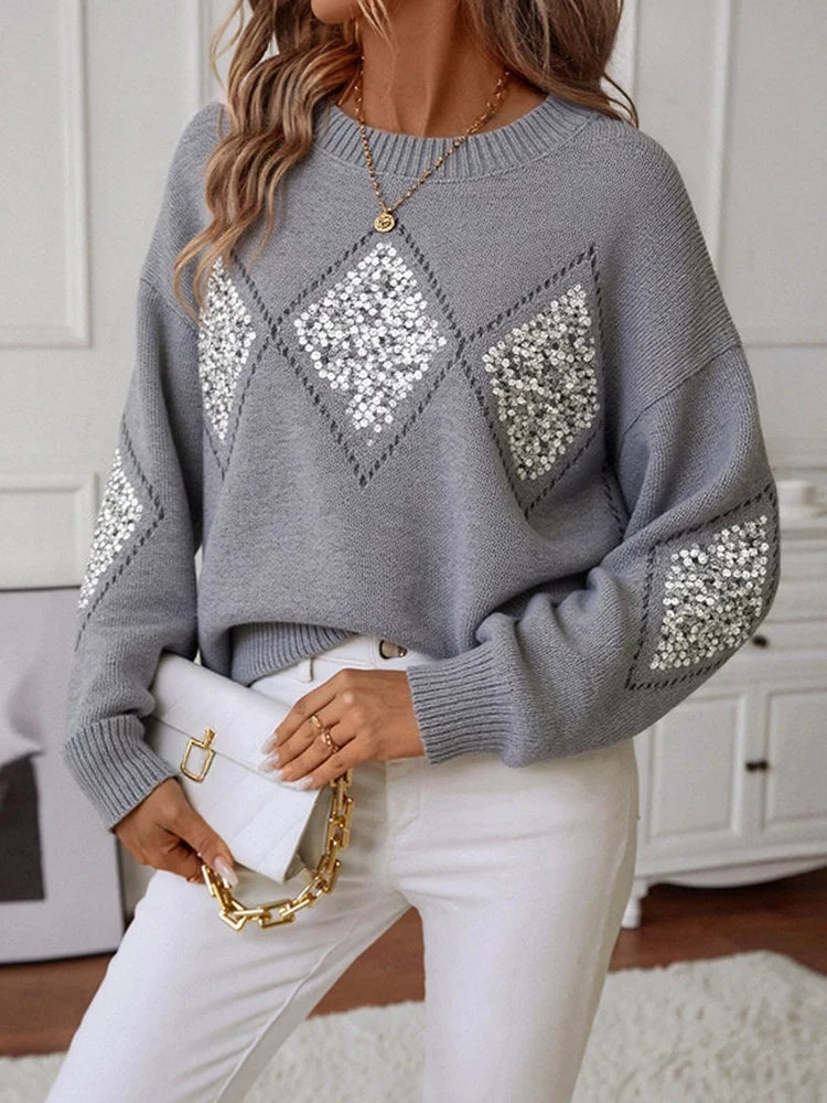 Womens Crew Neck Hollow Out Knit Sweaters  Sequin Pullover Tops