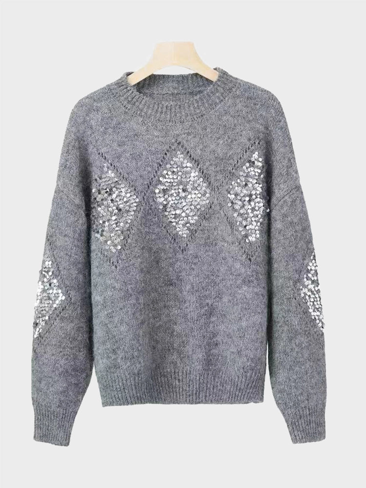 Womens Crew Neck Hollow Out Knit Sweaters  Sequin Pullover Tops