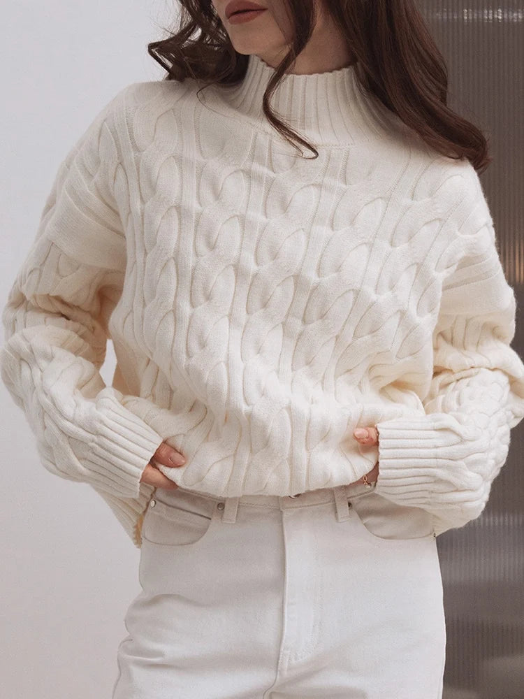 Womens High Collar Loose and Thick Lazy Style  Cable Knit Pullover Sweater