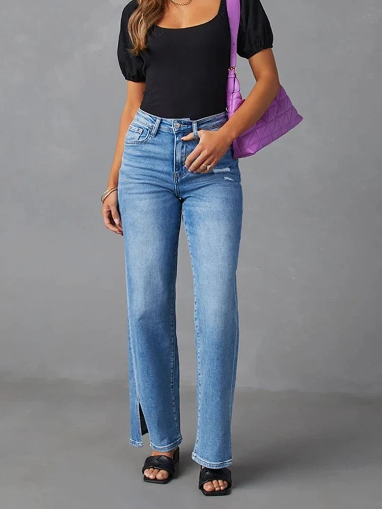 Women's high waist fashionable slit straight stretch jeans