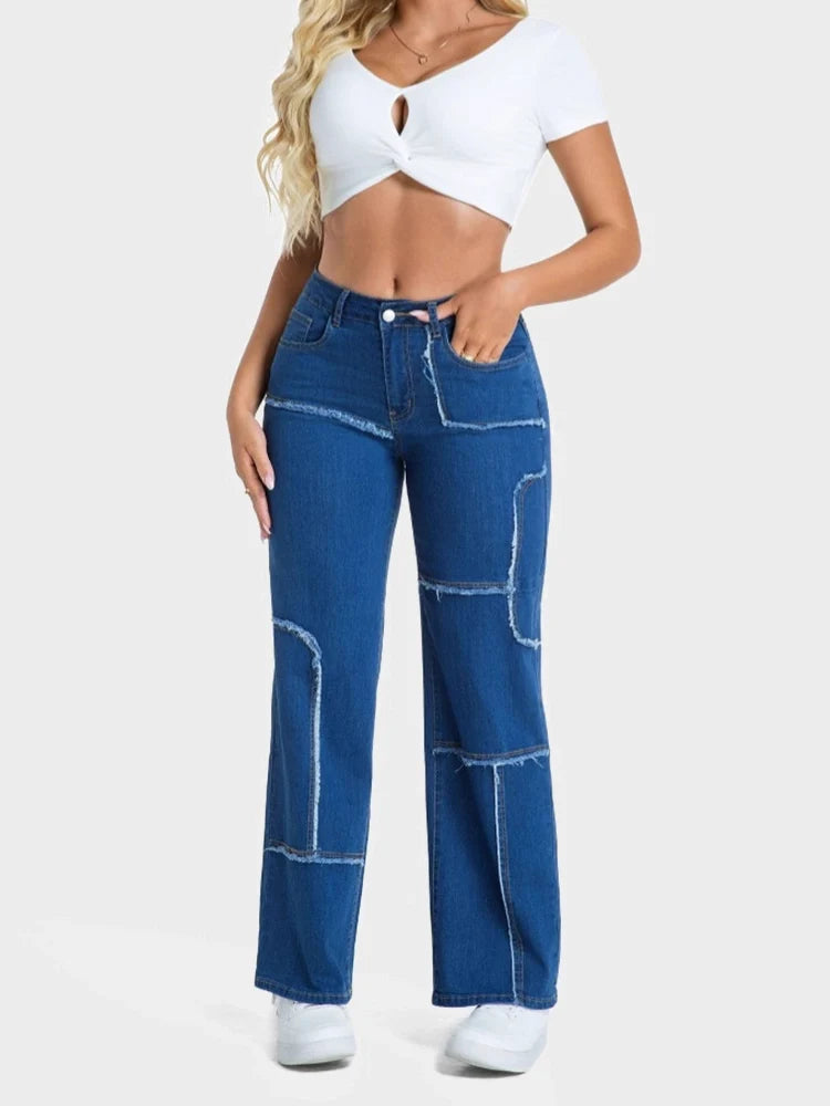 Women's patchwork personality straight washed jeans