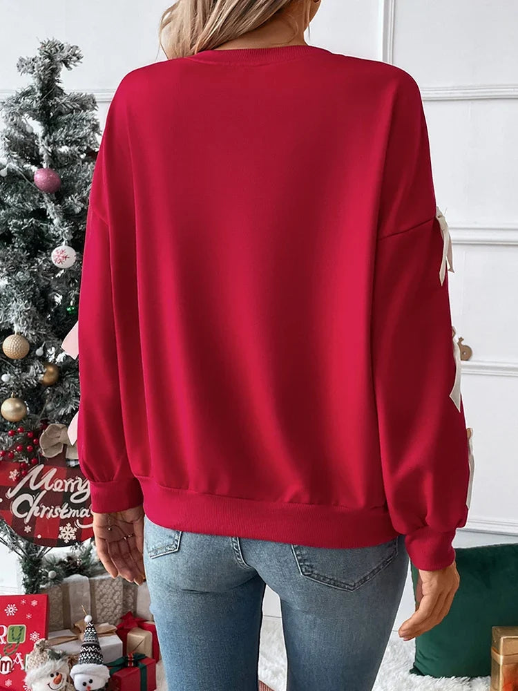 Women's round neck Christmas Sweatshirts with bow