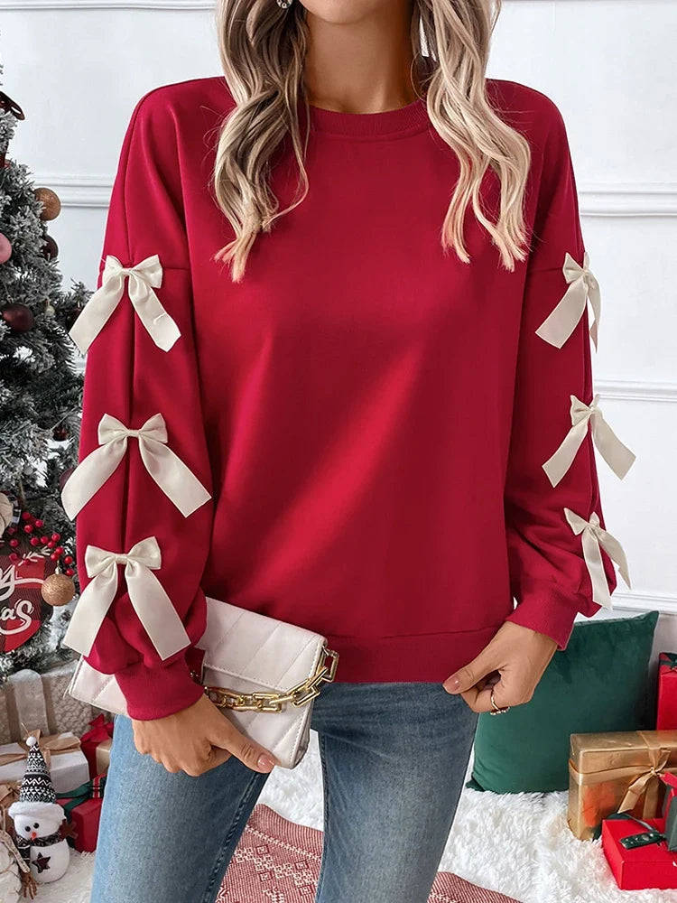Women's round neck Christmas Sweatshirts with bow