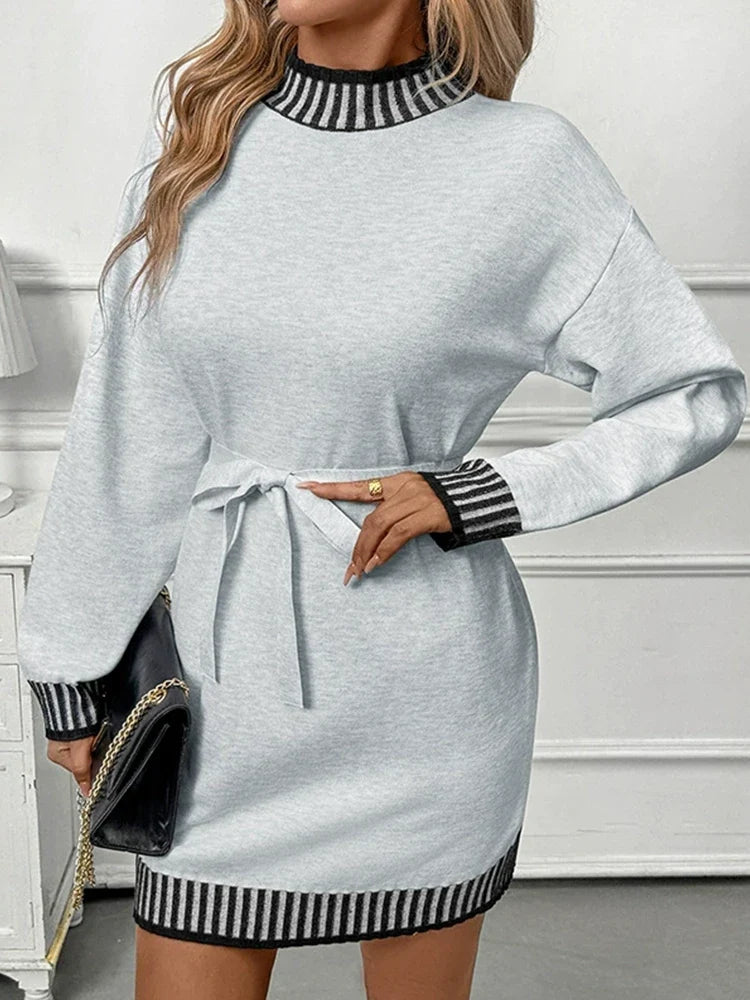 Casual Striped Mock Neck Color-Block Sweater Dress