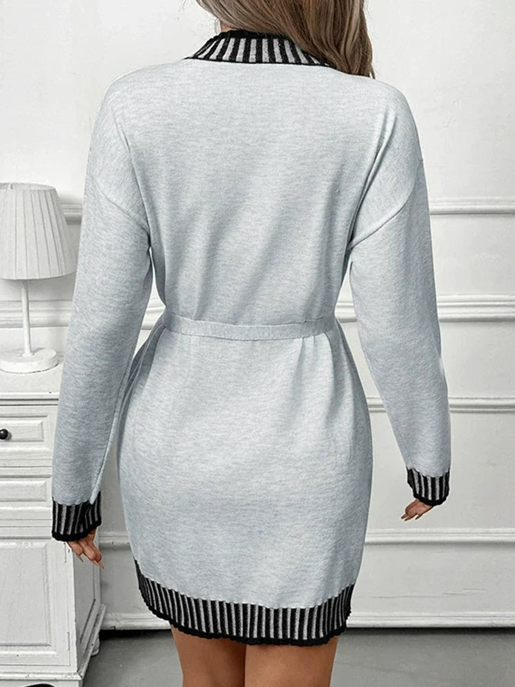 Casual Striped Mock Neck Color-Block Sweater Dress