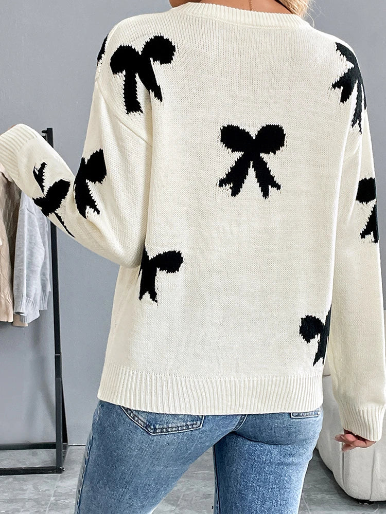 Women's Bow Print Sweaters round neck Lightweight Sweater Pullovers Knit Top
