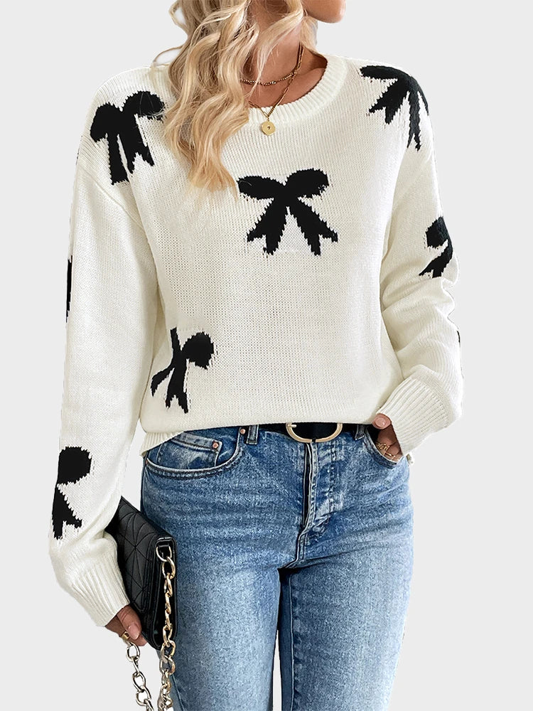 Women's Bow Print Sweaters round neck Lightweight Sweater Pullovers Knit Top