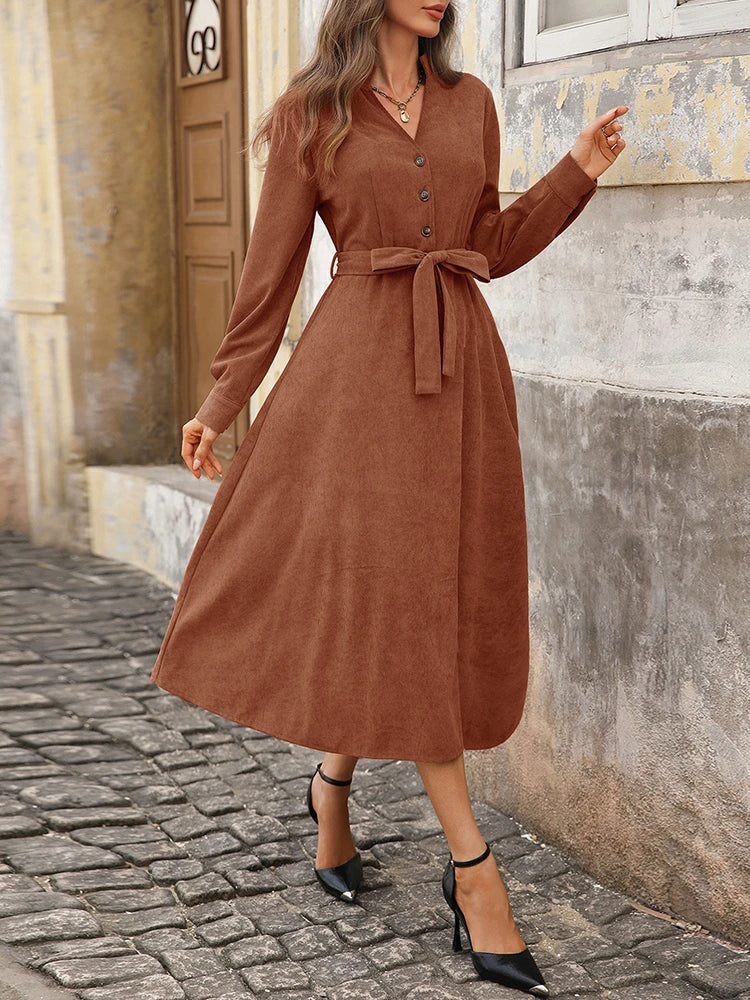 Corduroy V-Neck Dress – Versatile Commuter Office Style