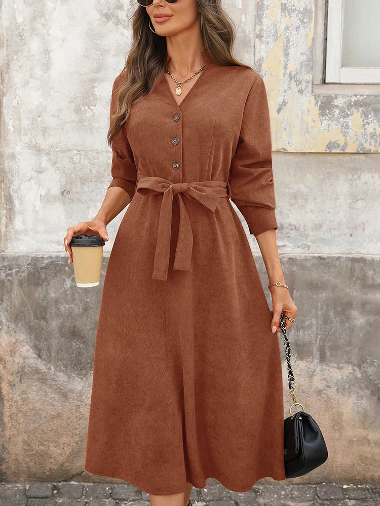Corduroy V-Neck Dress – Versatile Commuter Office Style