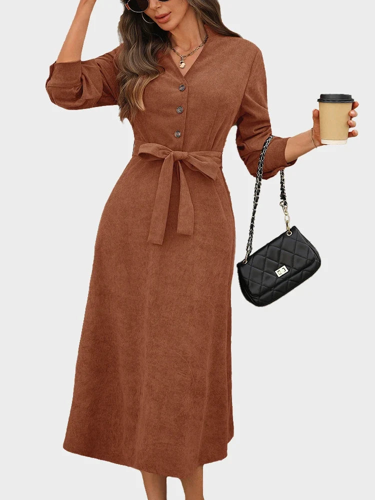 Corduroy V-Neck Dress – Versatile Commuter Office Style