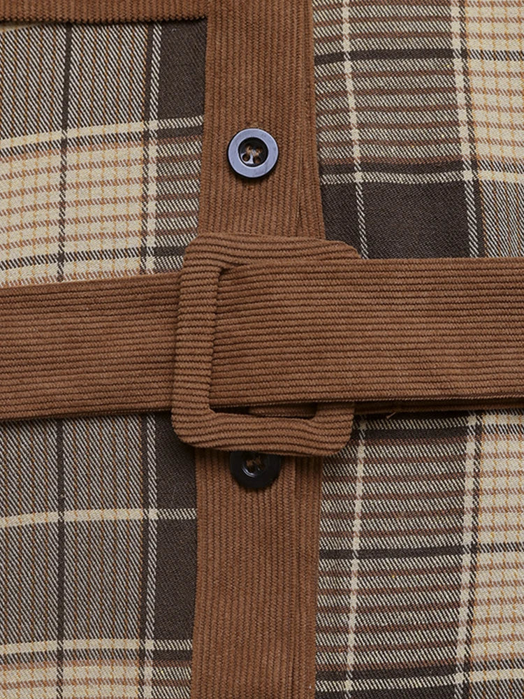 Vintage Plaid Patchwork Dress with Shirt Collar – Casual Office Style