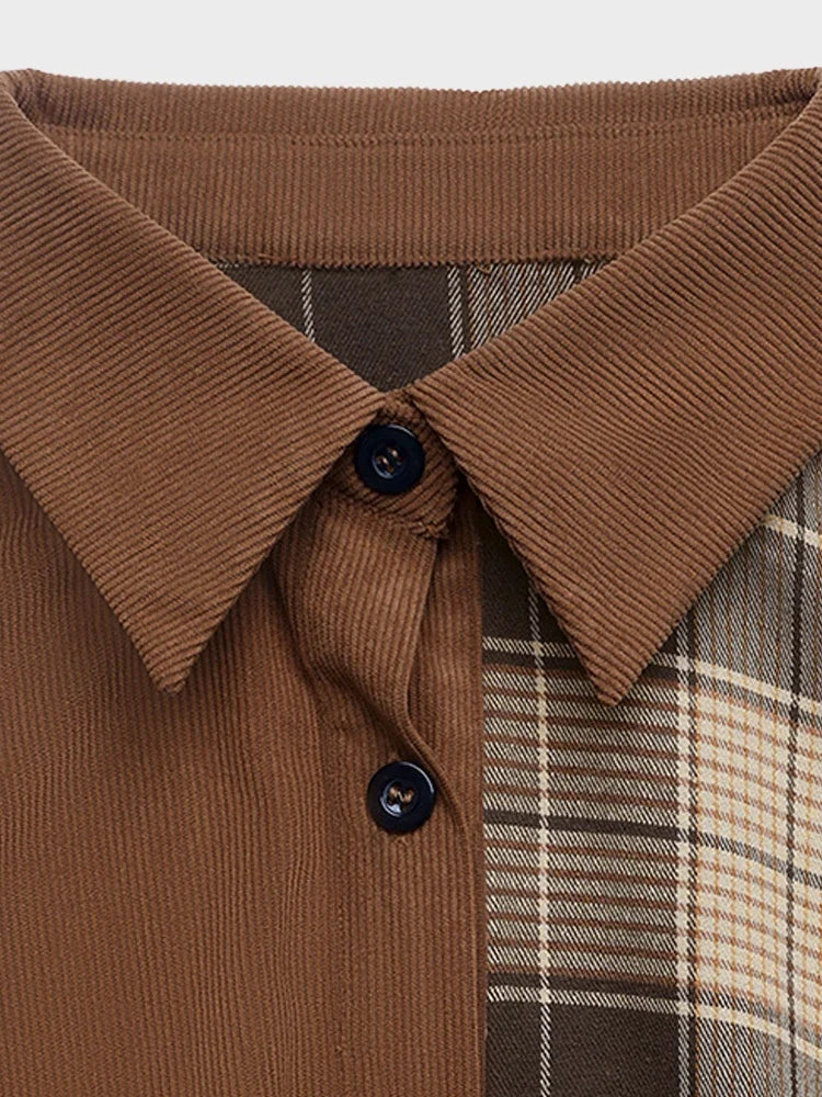 Vintage Plaid Patchwork Dress with Shirt Collar – Casual Office Style
